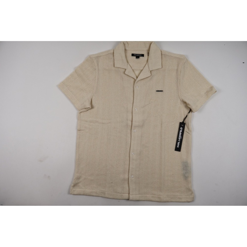Karl Lagerfeld Paris Waffle Knit Camp Collar Shirt Cream Large NWT MSRP 90